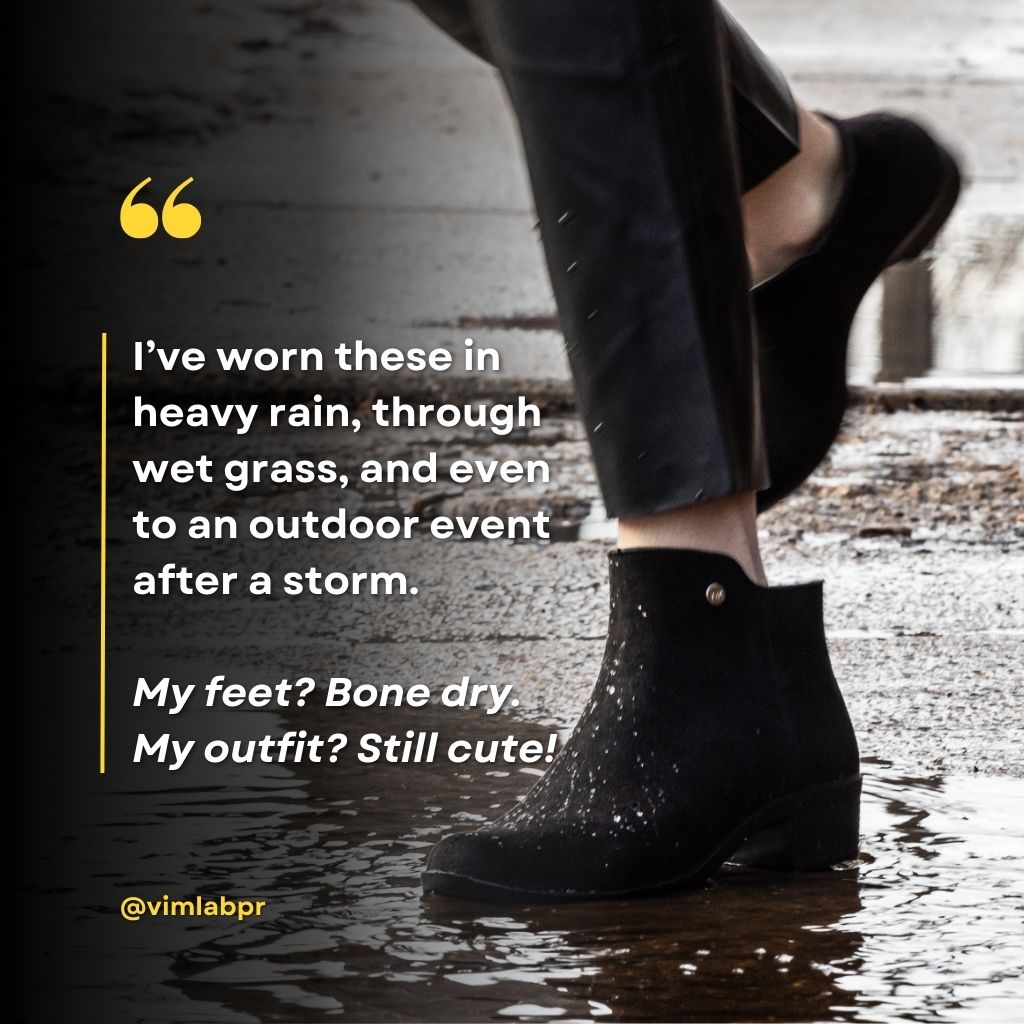 A pair of Mayfair waterproof ankle boots stepping through a puddle, with a customer testimonial overlayed.