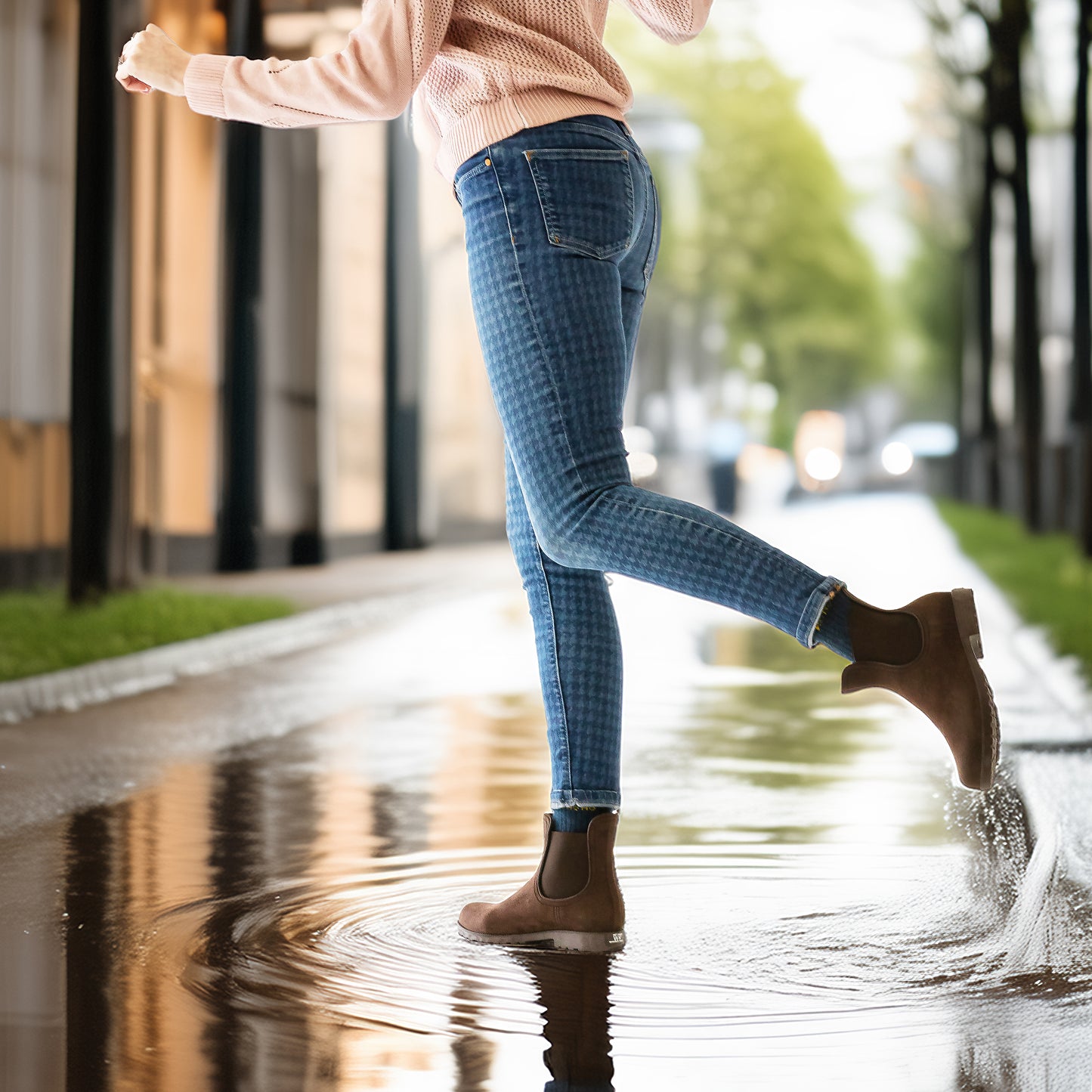 A pair of women’s waterproof Chelsea boots, featuring a sleek, polished finish, side stretch panels, and a sturdy heel for urban and outdoor wear.