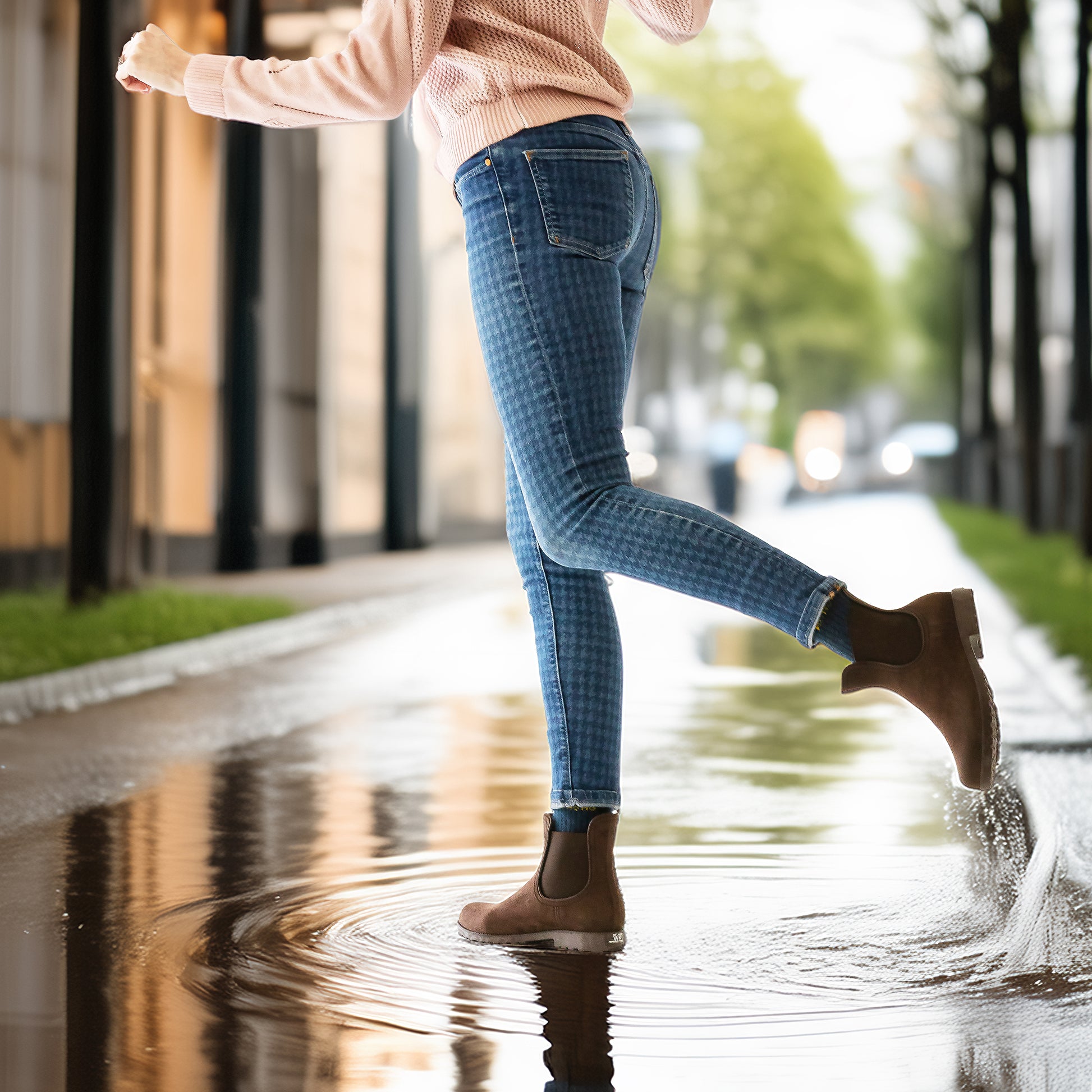 A pair of women’s waterproof Chelsea boots, featuring a sleek, polished finish, side stretch panels, and a sturdy heel for urban and outdoor wear.