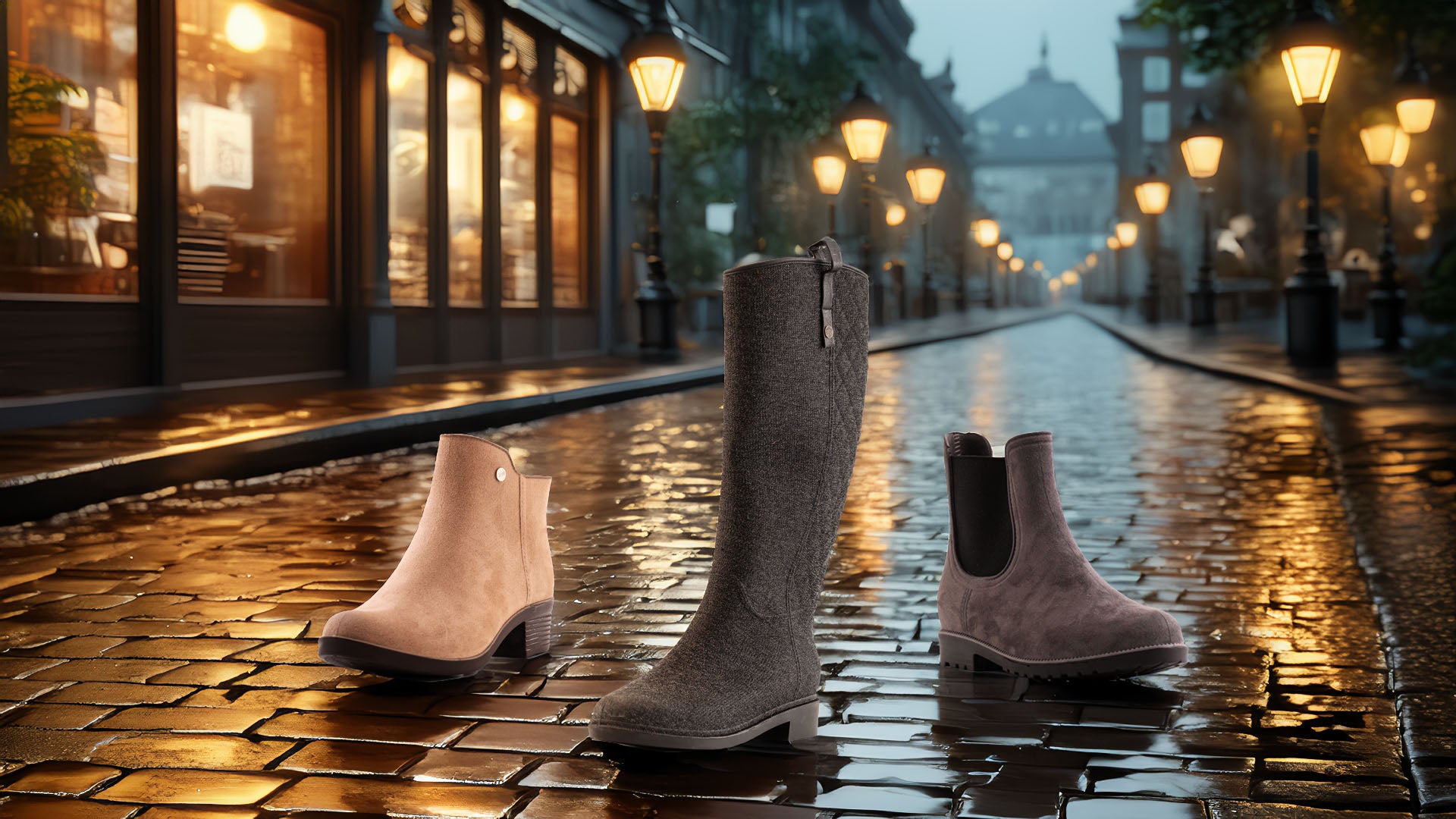 A stylish display of women’s waterproof rain boots on a rain-soaked city street, featuring a sleek and modern design with premium weatherproof construction.