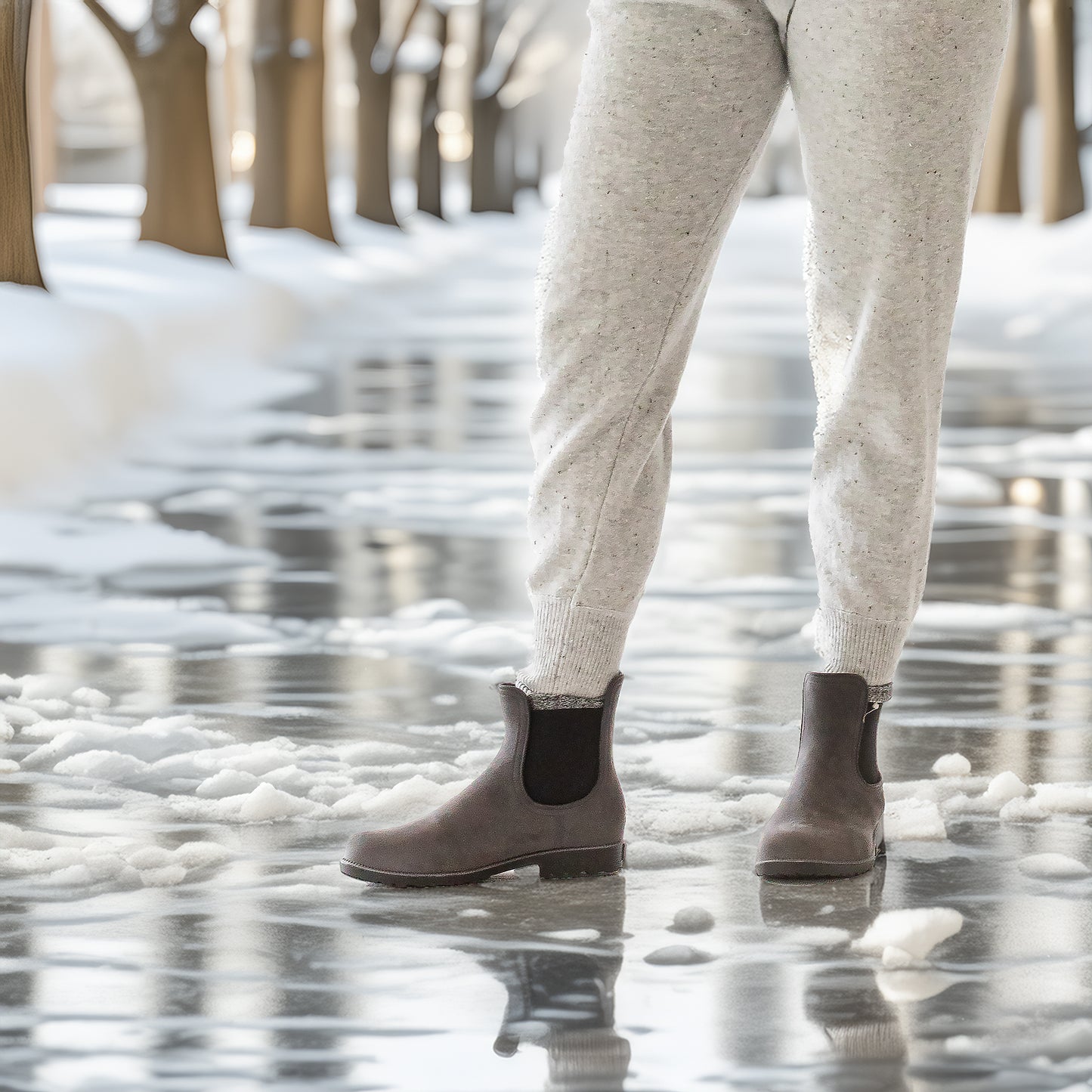 A pair of women’s waterproof Chelsea boots, designed for rainy-day style with a waterproof exterior, slip-resistant soles, and an elegant ankle-high silhouette.